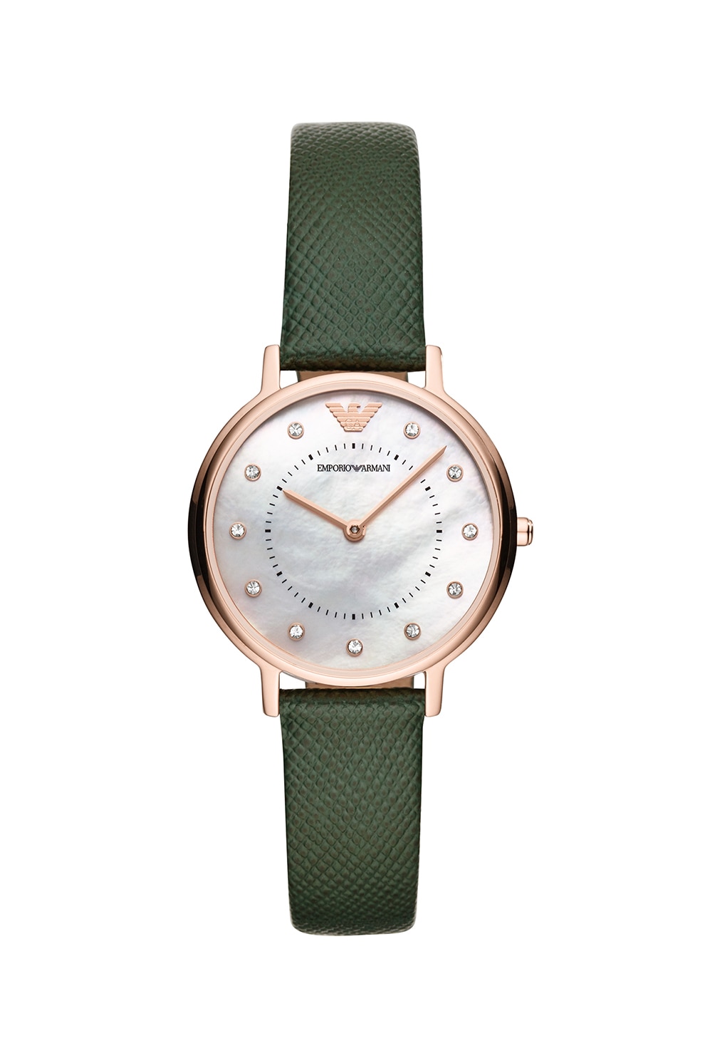 Emporio Armani, Ceas cu o curea de piele, decorat cu cristale, Auriu rose/Verde