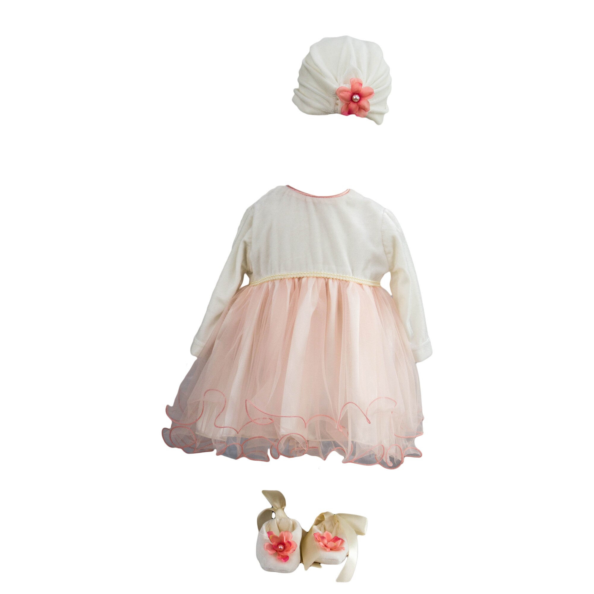 Rochie botez, model Miss, culoare alb-roz, varsta 3-6 luni