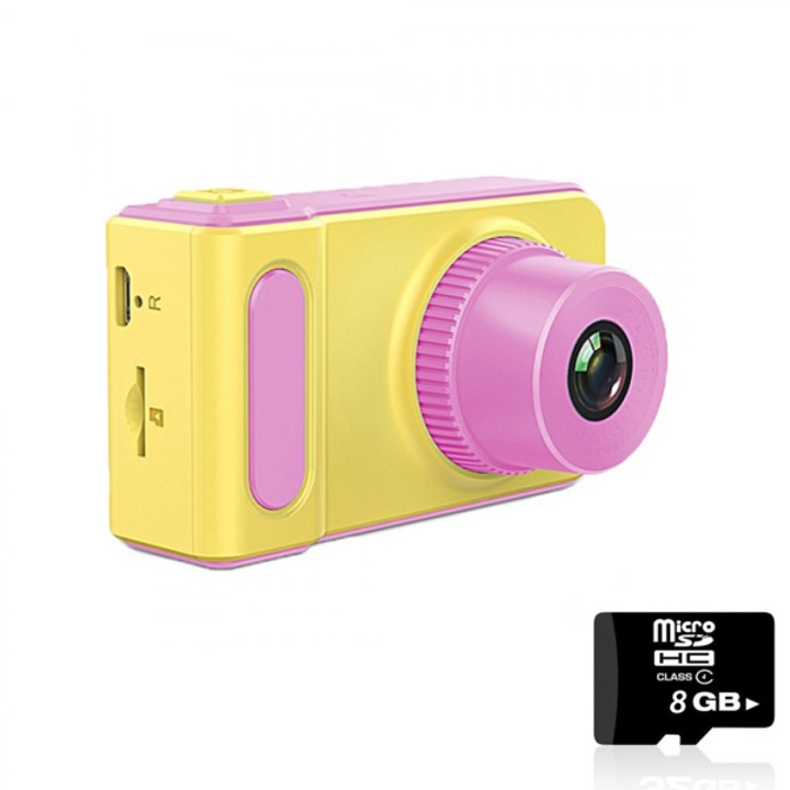 Комплект Спортна Камера за деца – За снимки или видео , 720x320 ,вграден микрофон,Розаво-жълт + SD карта 8 GB Kingston