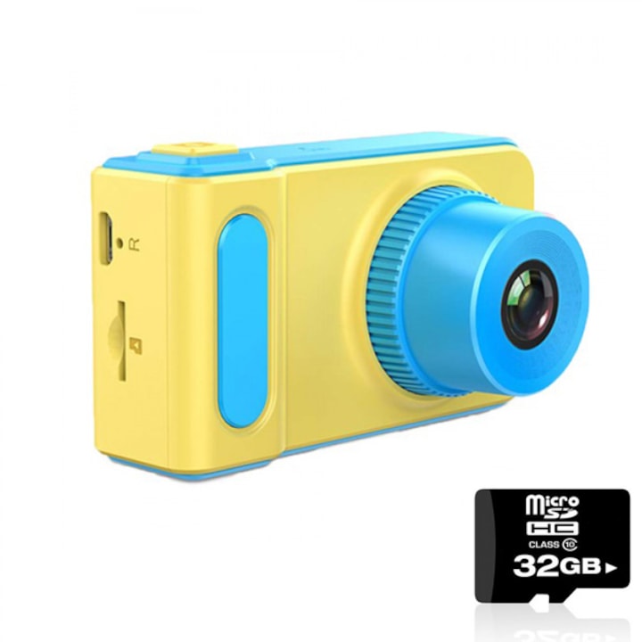 Комплект Спортна Камера за деца – За снимки или видео , 720x320 ,вграден микрофон Синьо-жълт + SD карта 32 GB Kingston