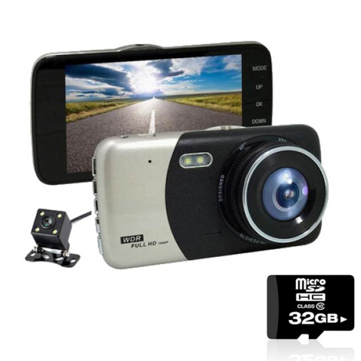 Комплект Видеорегистратор с подарък камера за задно виждане WDR Full HD 1080 + SD карта 32 GB Kingston