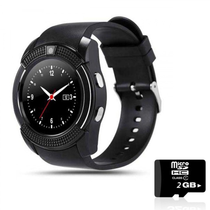 Комплект Смарт часовник Smart watch, V8 с bluetooth, камера и SIM карта, Черен + SD карта 2 GB Kingston