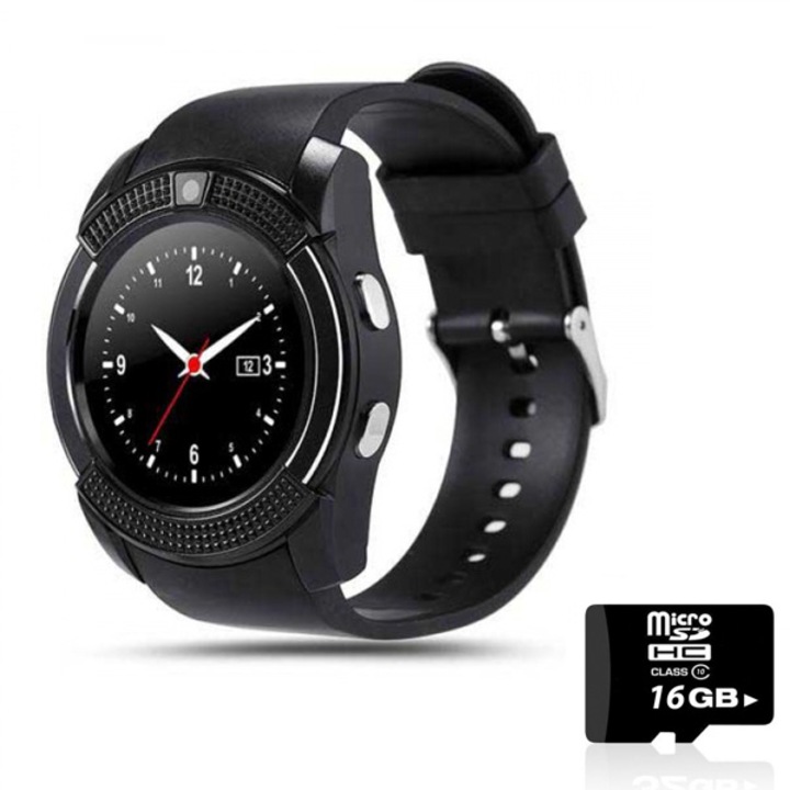 Комплект Смарт часовник Smart watch, V8 с bluetooth, камера и SIM карта, Черен + SD карта 16 GB Kingston