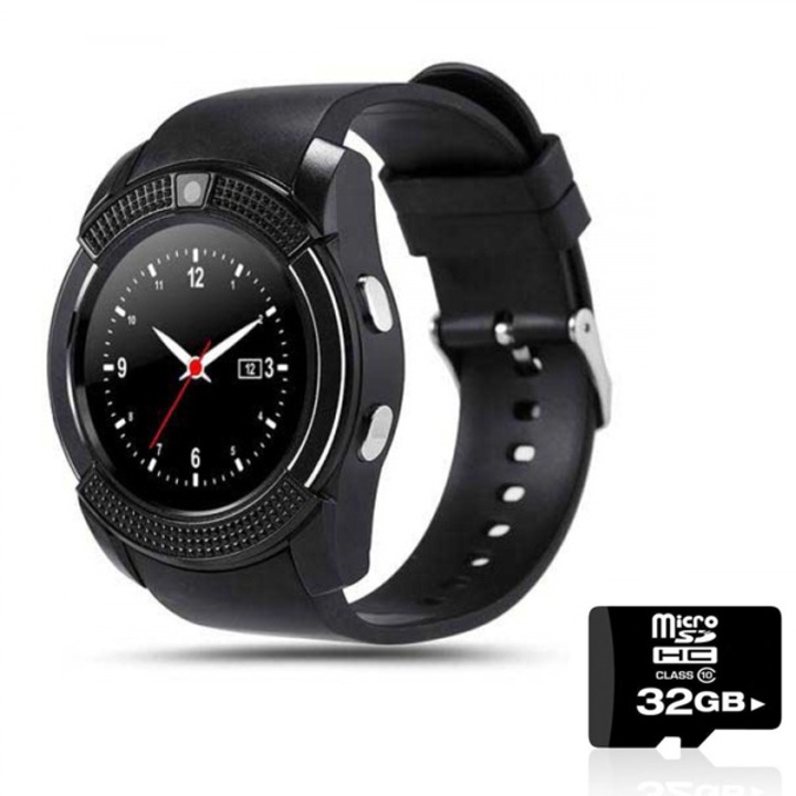Комплект Смарт часовник Smart watch, V8 с bluetooth, камера и SIM карта, Черен + SD карта 32 GB Kingston