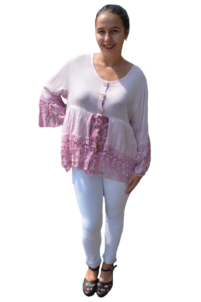 Bluza lejera Carina, cu insertii din dantela, D&J Exclussive, Roz