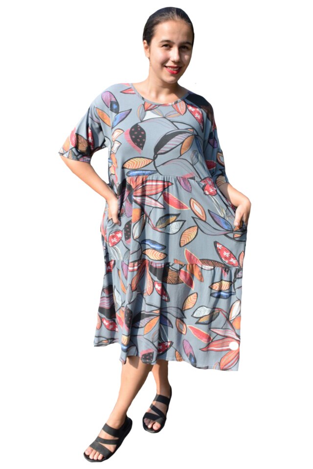 Rochie Nele, din bumbac, imprimeu autumn-leaf, D&J Exclussive, Gri