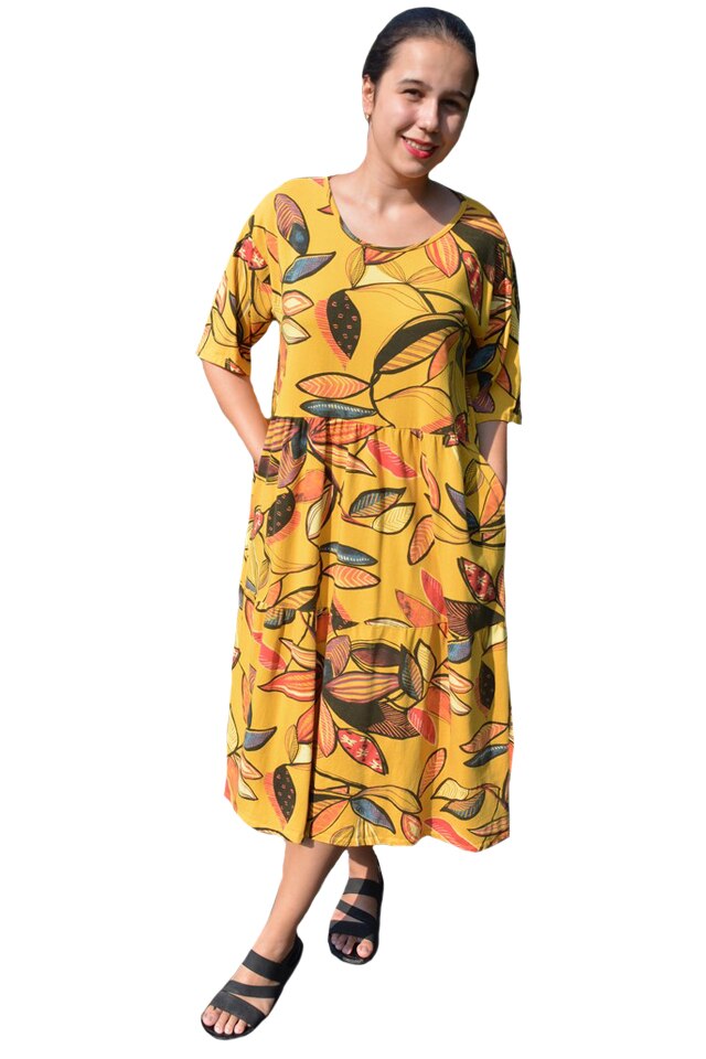 Rochie Nele, din bumbac, imprimeu autumn-leaf, D&J Exclussive, Galben mustar