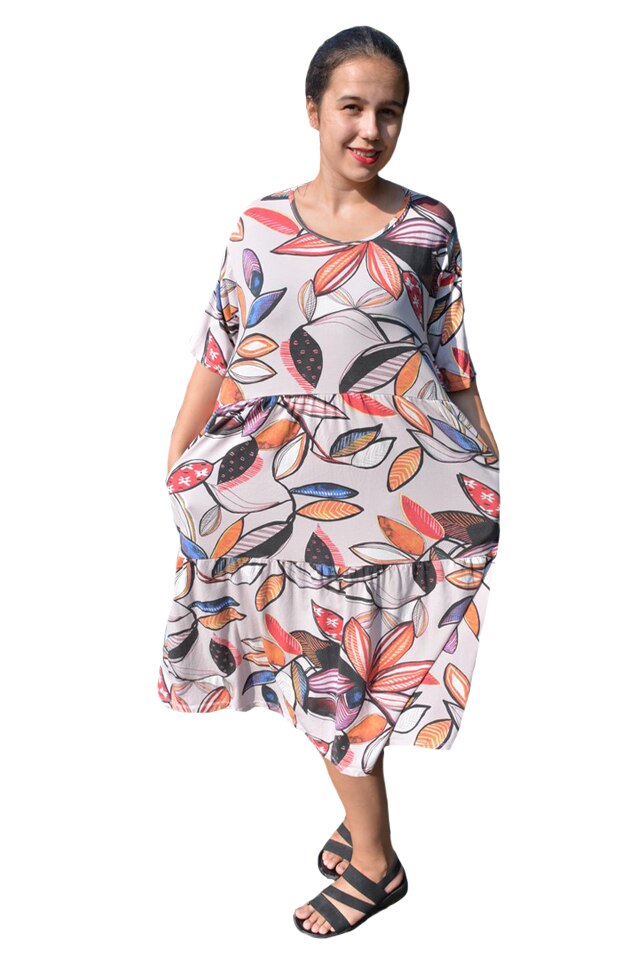 Rochie Nele, din bumbac, imprimeu autumn-leaf, D&J Exclussive, Bej