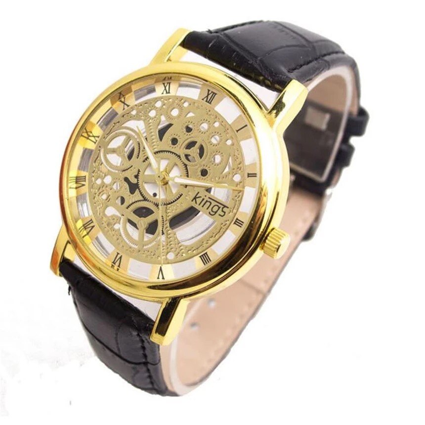 Ceas UNISEX casual, elegant Geneva Quartz Q193, curea piele, negru-auriu