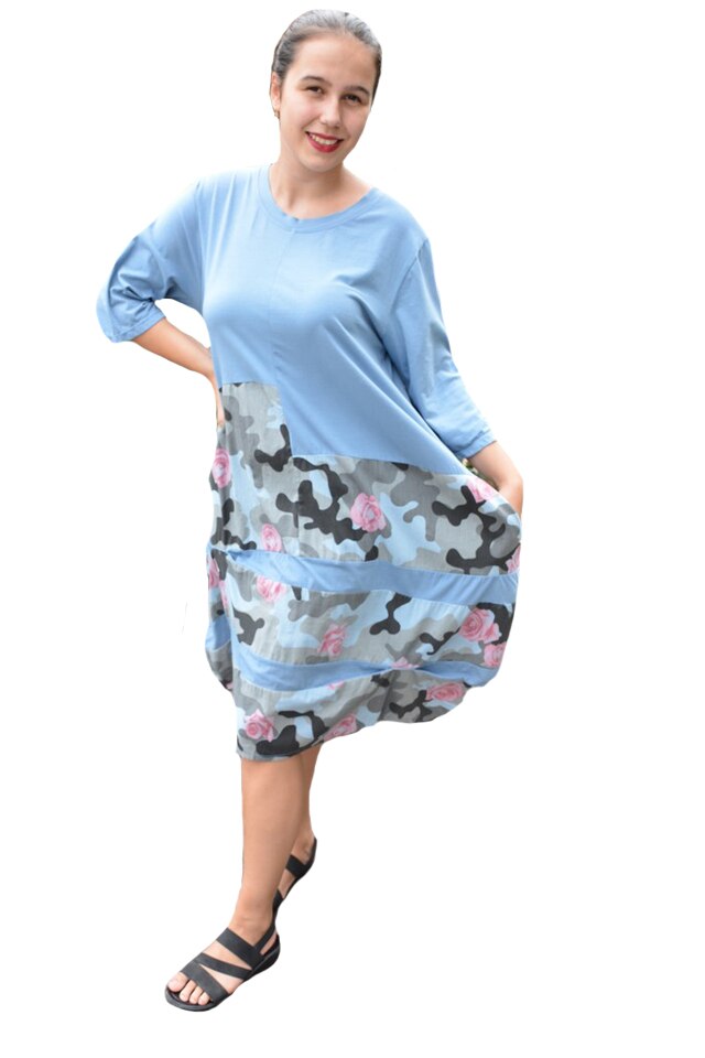 Rochie Bete, imprimeu army cu trandafir, D&J Exclussive, Albastru