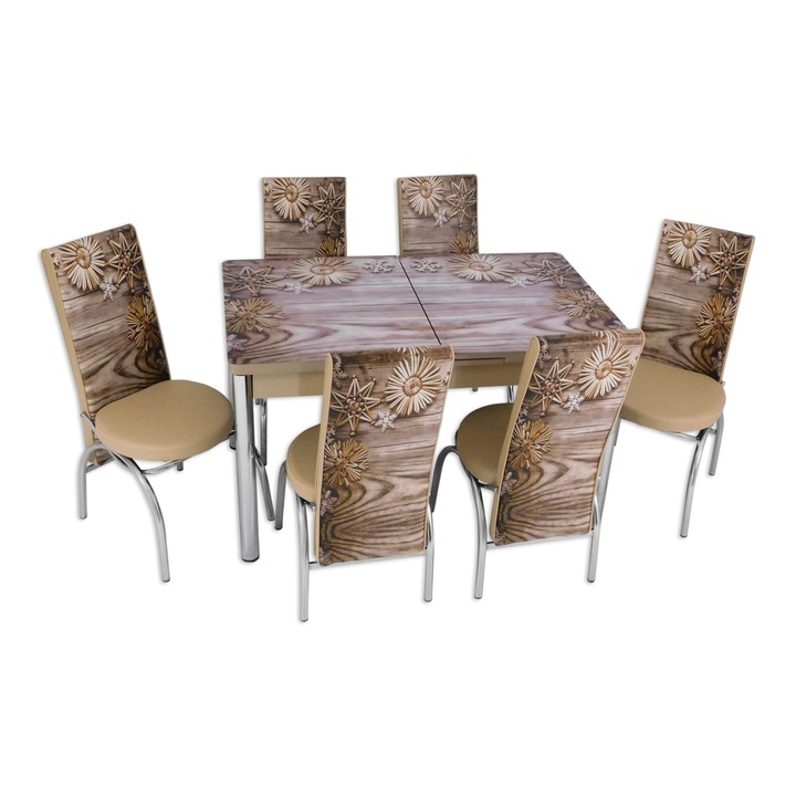 Set masa extensibila cu 6 scaune din piele ecologica model FULG NEA, dreptunghiulara, blat din sticla securizata si PAL, picioare din inox, crem/maro, 130x78x80 cm