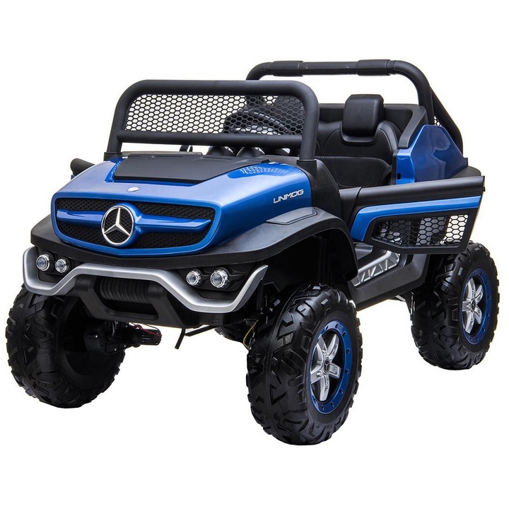 Masinuta electrica 4x4 Premier Mercedes Unimog, 12V, roti cauciuc EVA, scaun piele ecologica, albastru