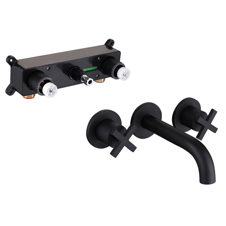 Baterie lavoar incastrata, negru mat, pipa fixa, dubla comanda, cutie distributie