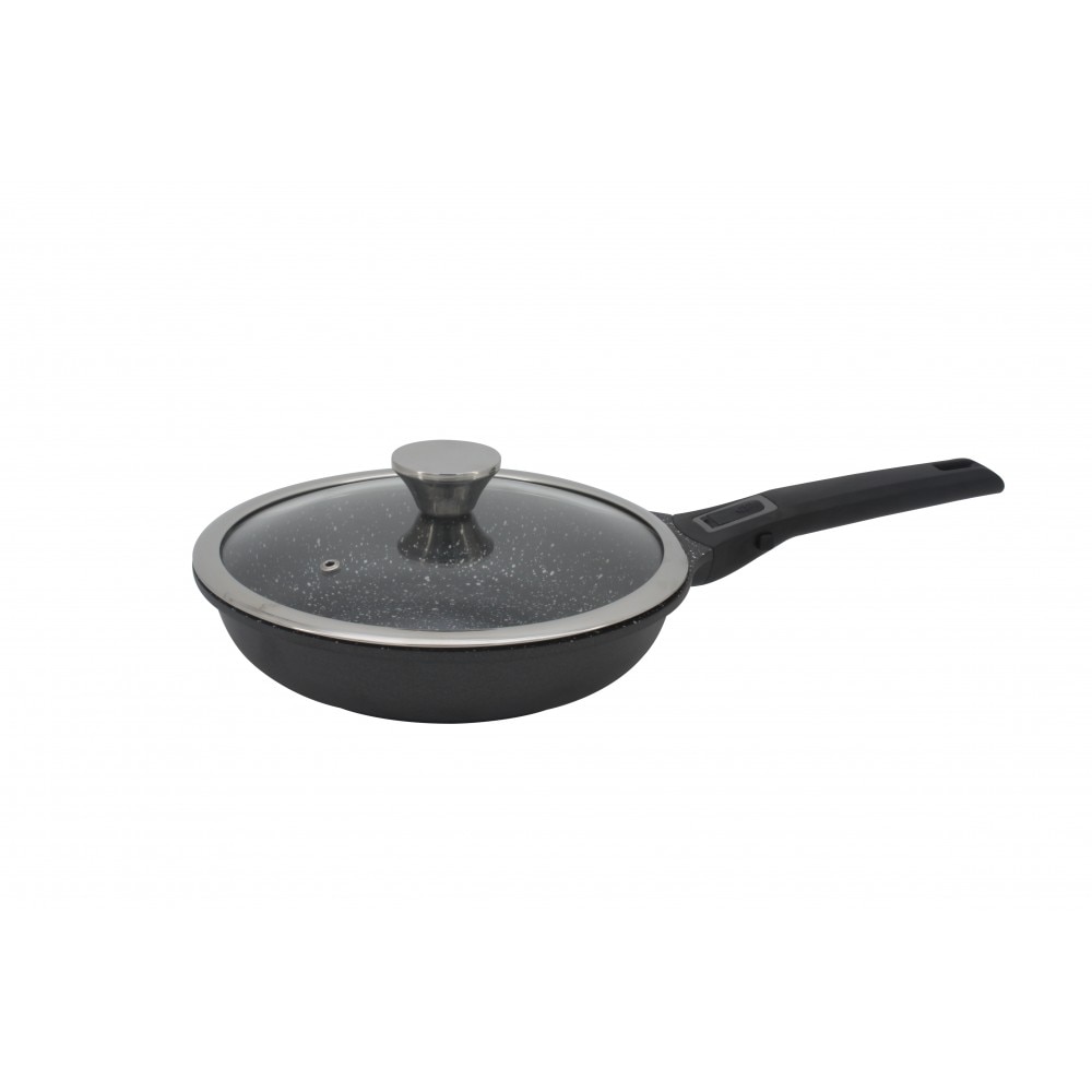 Tigaie din aluminiu Zephyr 28 cm, cu interior marmorat, iductie, capac sticla, maner detasabil