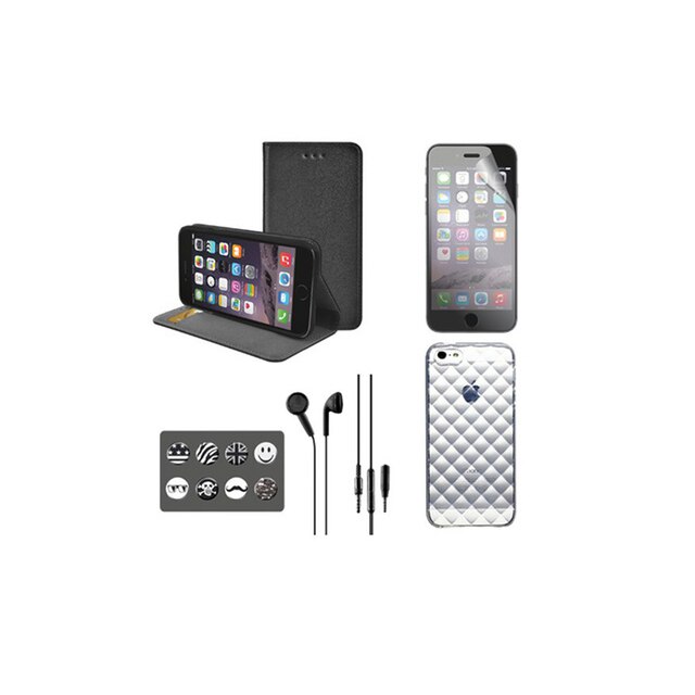 Set husa, carcasa, casti si folie protectie iPhone 6 BigBen Smart, multicolor, emoticoane incluse