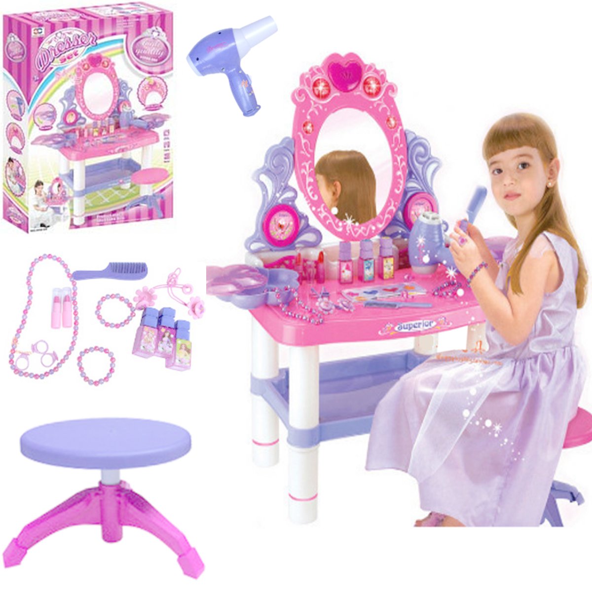 Masuta de Make-Up cu Scaunel idealSTORE Soft Chic Dresser, 62 x 33 x 64 cm, Echipata cu oglinda, gama larga de accesorii pentru infrumusetare, Sunete si lumini, Oportunitate de frumusete si aspect frumos in fiecare zi