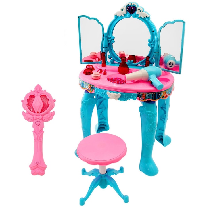 Masuta de Make-Up pentru fetite, melodii Mp3, cu lumini si sunete, include scaunel si uscator de par, multiple accesorii 42 x 28 x 68 cm, culoare albastru