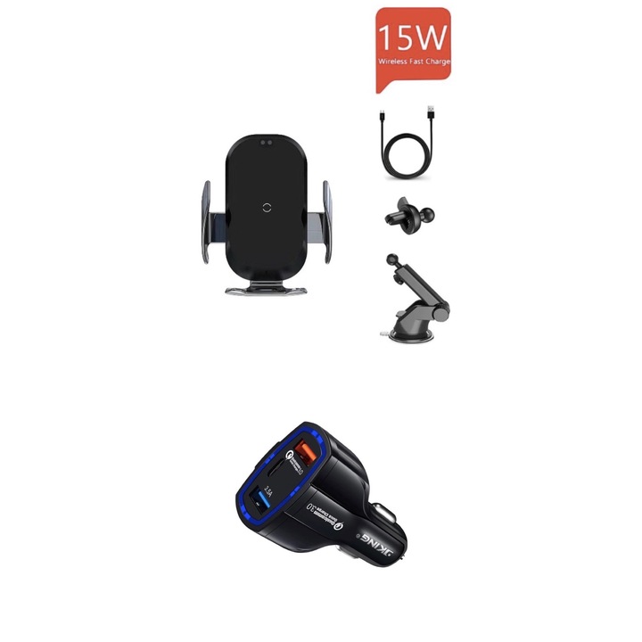 E-smartgadget, CAR , Fast Charger automatikus , telefontartó konzol és 15w, vezeték nélküli töltő,a iPhone 11/11Promax/X/Xr/Xs/XsMax,hez, minden vezeték nélküli eszköz,C+autós töltő 12v/3.5A,