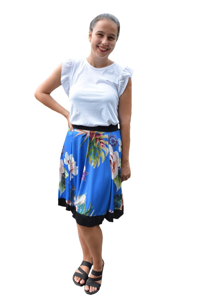 Fusta Aven, croi evazat, imprimeu exotic-flower, D&J Exclussive, Albastru