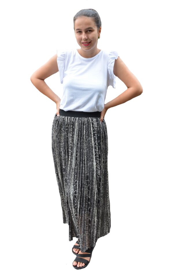 Fusta Eveline, plisata, cu imprimeu rafinat, D&J Exclussive, Negru-Alb