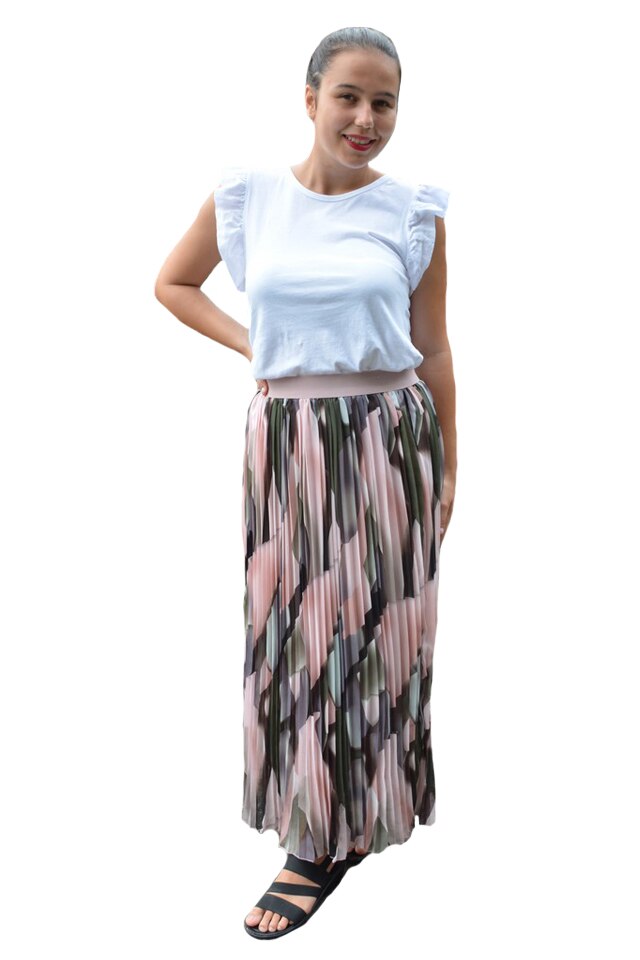 Fusta Eveline, plisata, cu imprimeu rafinat, D&J Exclussive, pudra