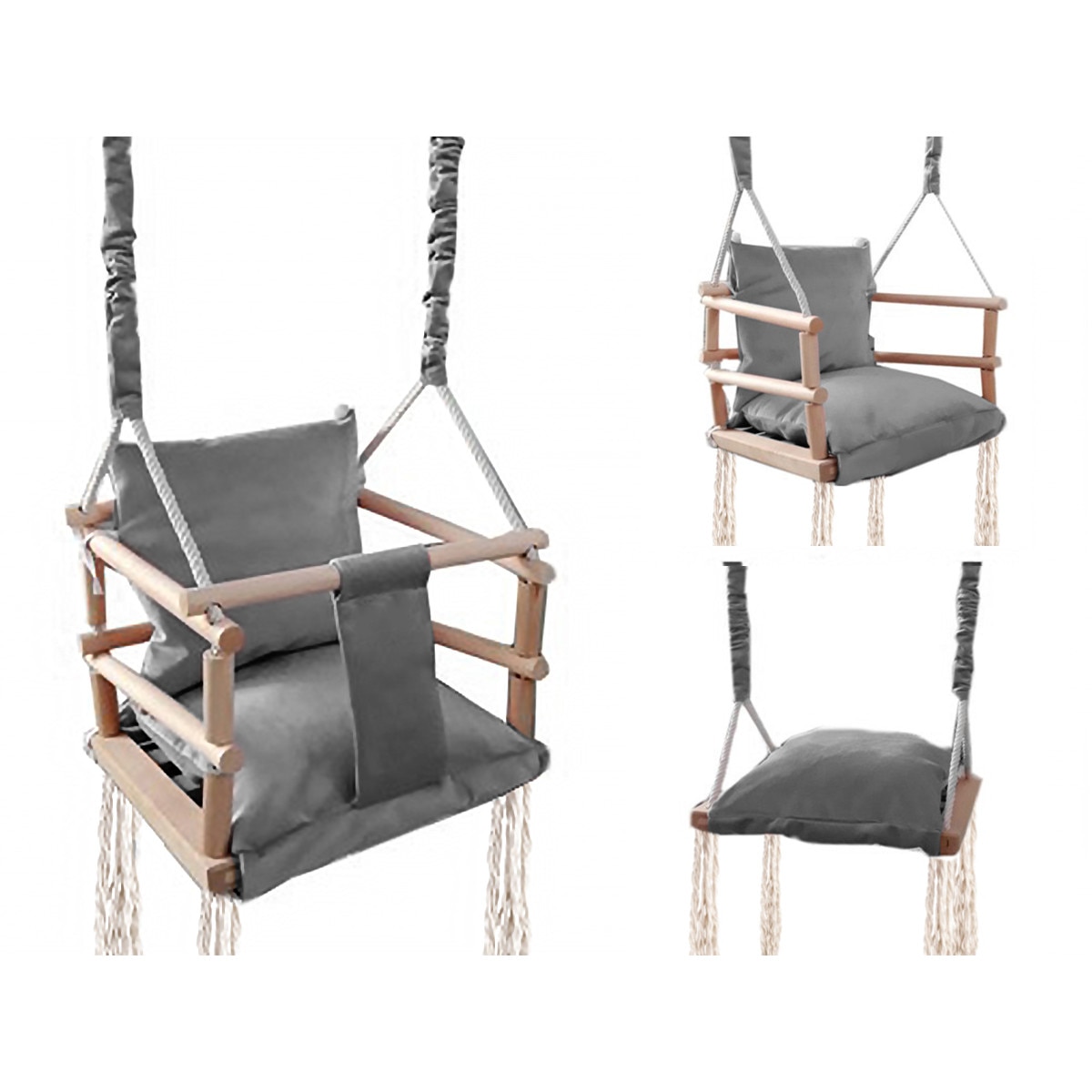 Leagan pentru Copii, 3in1, Lemn si Material Rezistent la Murdarie, Pentru Interior/Exterior, 30 Kg Maxim, Structura Solida, Usor de Montat, Gri