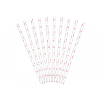 Paie din hartie, albe cu inimi roz, 19.5cm, 10 buc/set Paie din hartie, albe cu inimi roz, 19.5cm, 10 buc/set