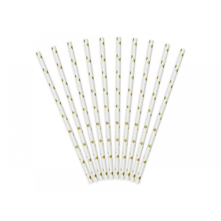 Deco Papír szívószál, fehér, arany csillaggal, 19,5 cm, 10 db/szett