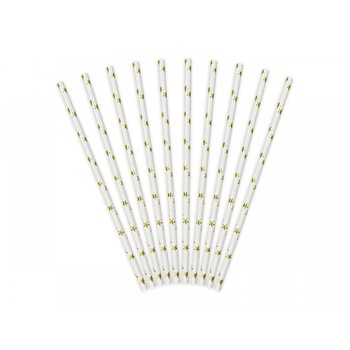 Paie din hartie, albe cu stele aurii, 19.5cm, 10 buc/set Paie din hartie, albe cu stele aurii, 19.5cm, 10 buc/set