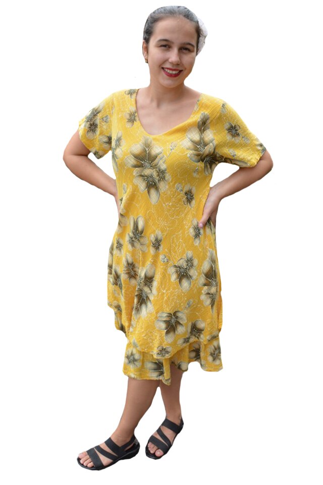 Rochie Amanda, cambrata, imprimeu ghotic-flower, D&J Exclussive, Galben