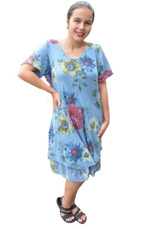 Rochie Amanda, cambrata, model cu flori D&J Exclussive, Albastru