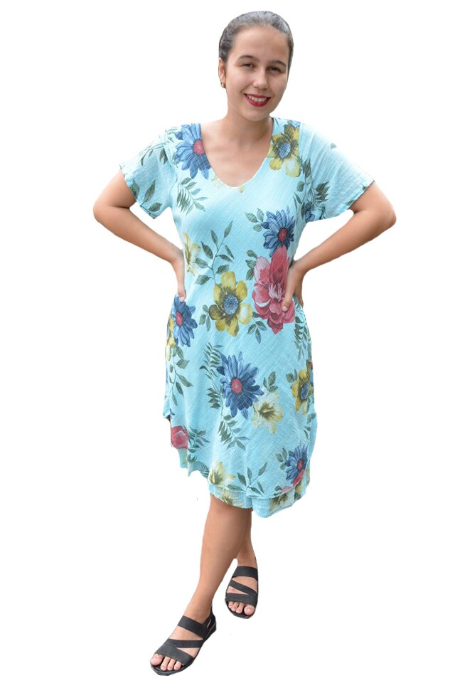 Rochie Amanda, cambrata, model cu flori D&J Exclussive, Albastru deschis