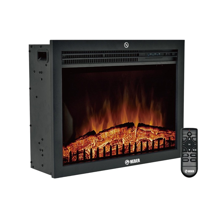 Електрическа камина HEBER, За вграждане, 2000 W, 2 степени, Програмируема, Електронен термостат