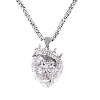 MBrands - Колие от, верижка с висулка във формата на корона от лъвска глава, корона с кристали, фосфоресциращо, сребро