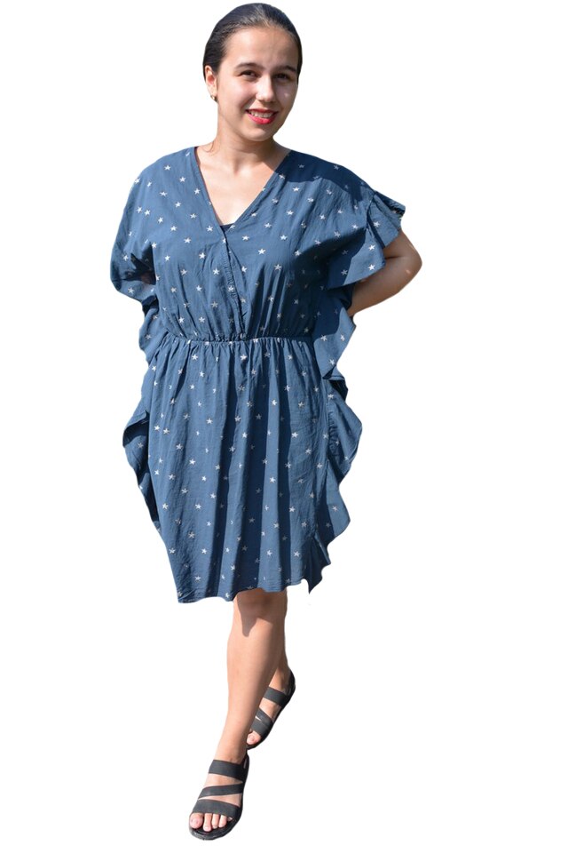 Rochie Paula, din bumbac, imprimeu cu stelute, D&J Exclussive, Albastru marin