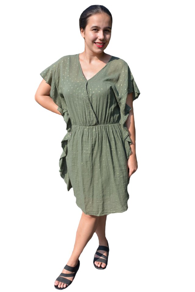 Rochie Paula, din bumbac, imprimeu cu stelute, D&J Exclussive, Kaki