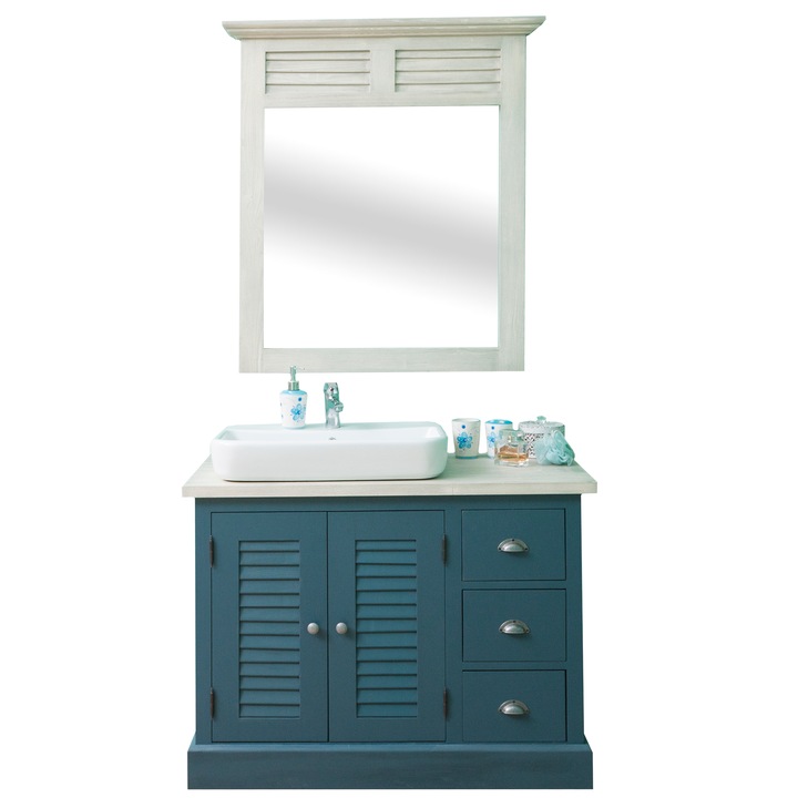 Dulap baie cu 2 usi lamelare, 3 sertare cu oglinda cadru stutter - lavoar inclus in pret, albastru/gri, 100% lemn masiv