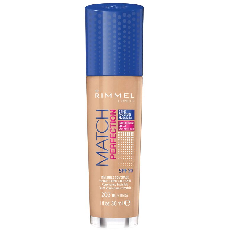 Fond de ten Rimmel London Match Perfection 203 True Beige SPF 20, 30 ml