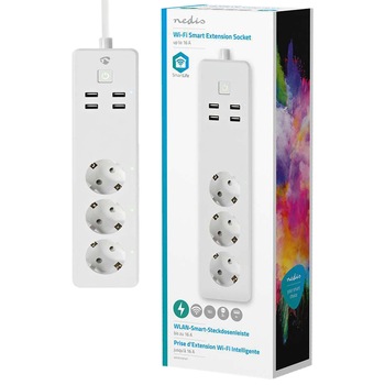 Prelungitor inteligent Nedis, Wi-Fi, 3 prize, 4xUSB, 10A, Android/iOS, 1.8m Prelungitor inteligent Nedis, Wi-Fi, 3 prize, 4xUSB, 10A, Android/iOS, 1.8m