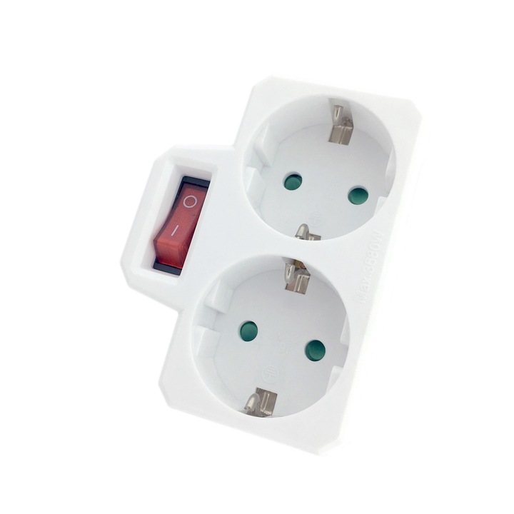 Adaptor priza Entac 2 prize+intrerupator, impamantare 2x Schuko (16A)