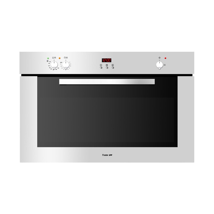 Cuptor pe gaz incorporabil cu convectie Foster, KE, 91 litri, 90 cm, clasa A, 4 moduri gatire, program MaxiGrill electric, functie Rotisor, ventilatie tangentiala, tehnologie EasyClean, temperatura 50-250°C, finisaj satinat anti-amprente, inox