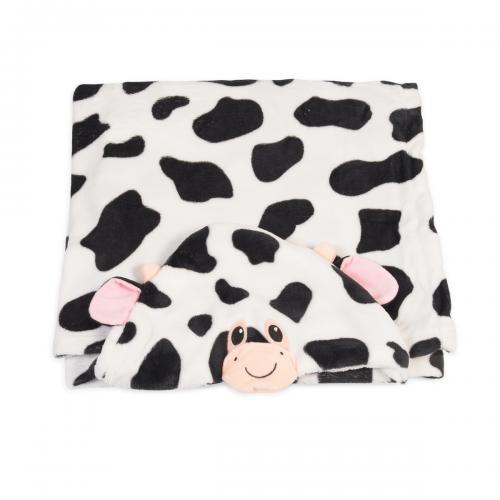 Paturica plusata pentru copii si bebelusi NOVOKIDS™ Little Cow, cu gluga, material plusat moale si pufos, dimensiune 130X90 cm, pentru baie si patut, model Vacuta, Alb cu Negru
