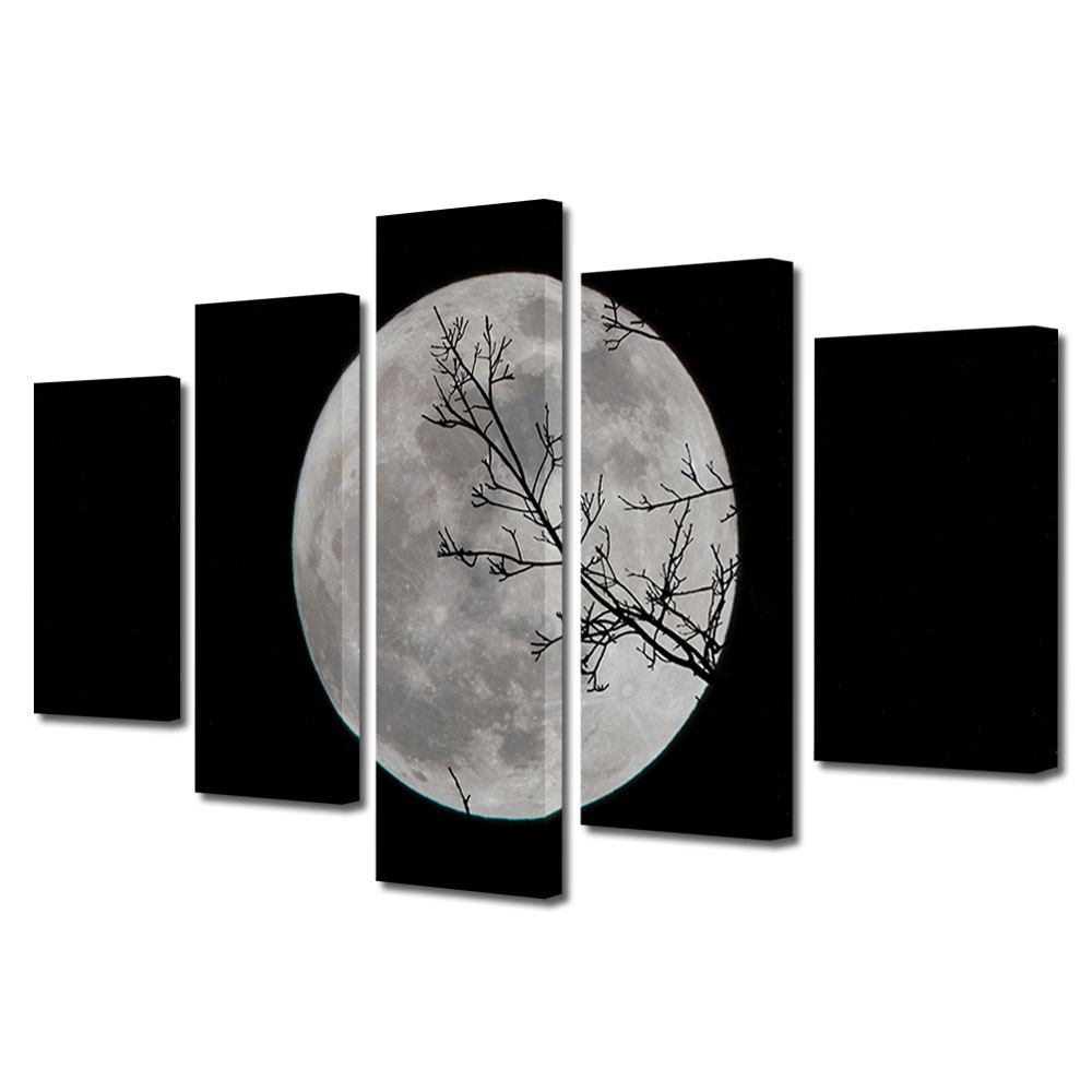 Tablou Canvas Premium Art Factory TrueColor Alb-negru Luna si o creanga, Decoratiuni Moderne pentru Casa, 60 x 100 cm