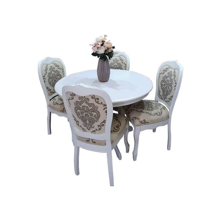 Masa living pentru 4 persoane, scaune cu tapiterie model floral, 90 cm, extensibila la 120