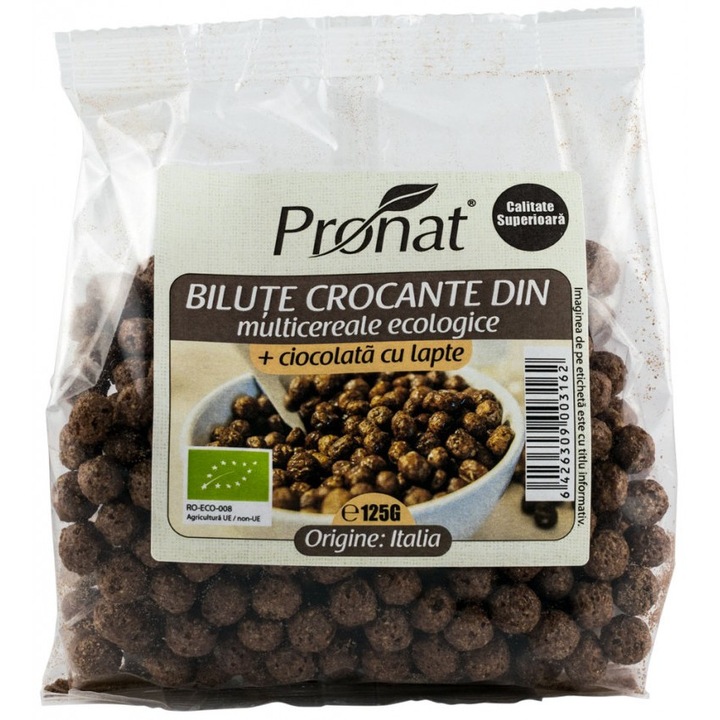 Ropogós sokszemű müzligolyók és tejcsokoládé, bio, Pronat, 125 g
