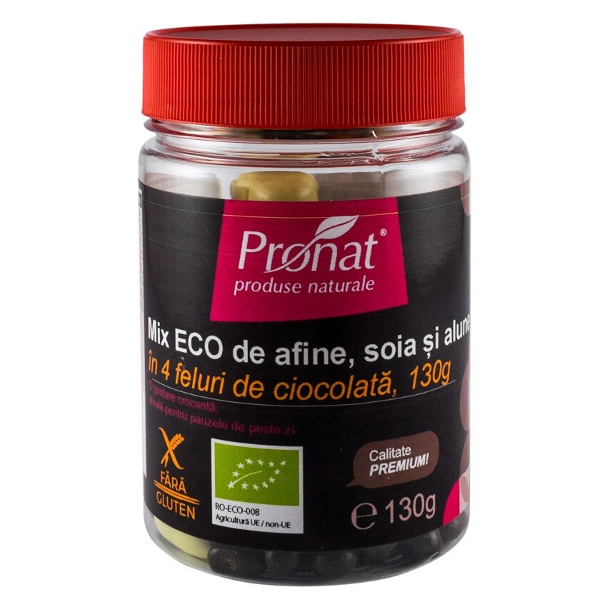 Mix de afine, soia si alune in 4 feluri de ciocolata, bio, Pronat, 130g
