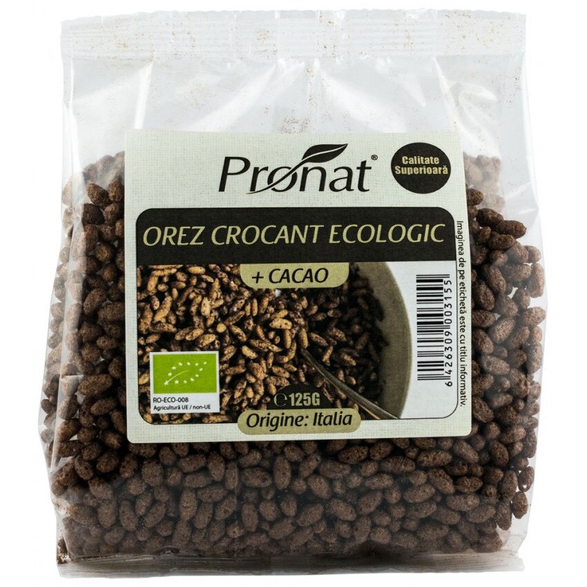Orez expandat, crocant, cu cacao, bio, Pronat, 125 g
