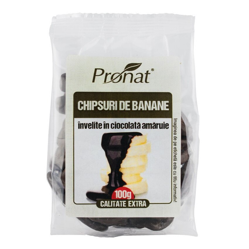 Chipsuri de banane invelite in ciocolata amaruie, Pronat, 100g