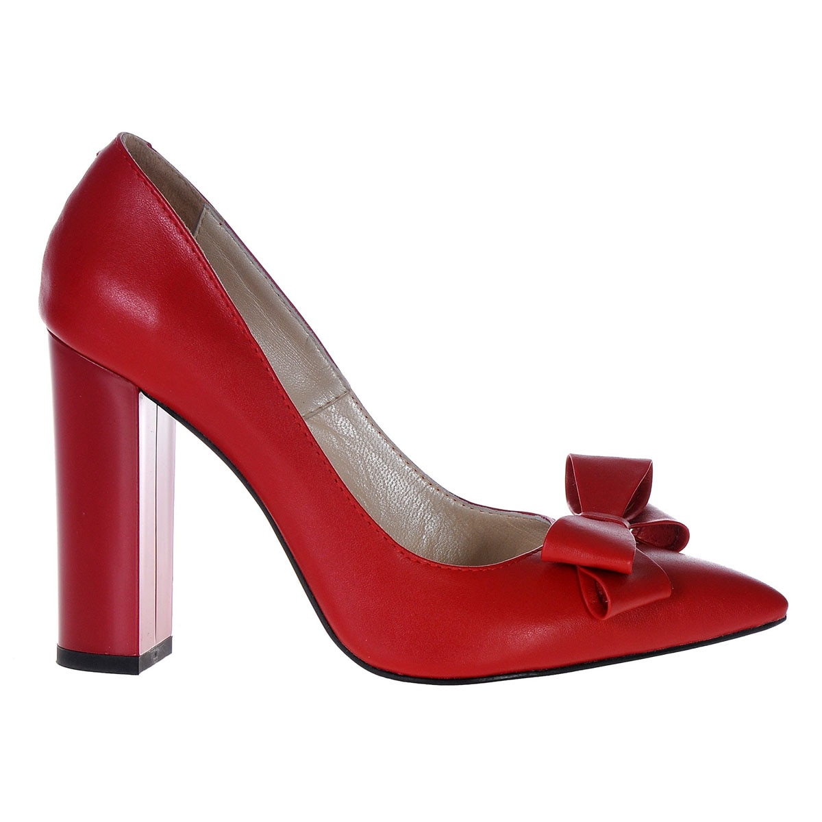 Pantofi Stiletto Piele Naturala cu Toc Gros si Funda, Rosu