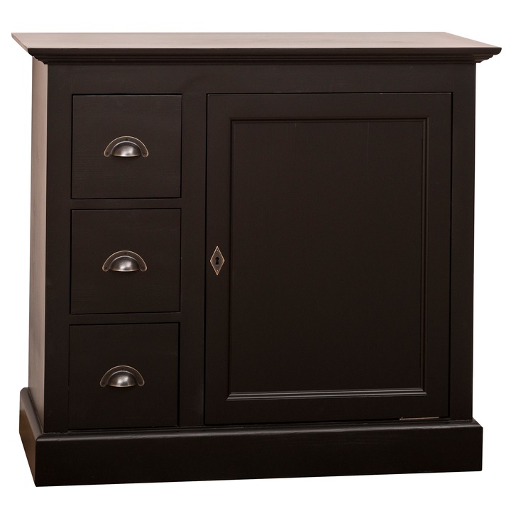 Comoda mica Szel-Mob cu 1 usa, 3 sertare, culoare negru, 100% lemn masiv